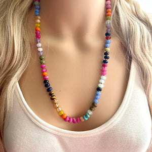 Polished Agate GemStone Necklace knotted gold statement necklace, long beaded layering jewelry, rainbow rondelle stone bead