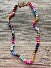 Load image into Gallery viewer, Polished Agate GemStone Necklace knotted gold statement necklace, long beaded layering jewelry, rainbow rondelle stone bead