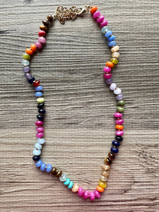 Polished Agate GemStone Necklace knotted gold statement necklace, long beaded layering jewelry, rainbow rondelle stone bead