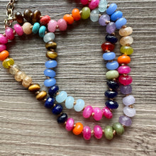 Load image into Gallery viewer, Polished Agate GemStone Necklace knotted gold statement necklace, long beaded layering jewelry, rainbow rondelle stone bead