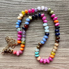 Load image into Gallery viewer, Polished Agate GemStone Necklace knotted gold statement necklace, long beaded layering jewelry, rainbow rondelle stone bead