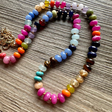 Load image into Gallery viewer, Polished Agate GemStone Necklace knotted gold statement necklace, long beaded layering jewelry, rainbow rondelle stone bead