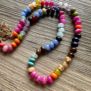 Polished Agate GemStone Necklace knotted gold statement necklace, long beaded layering jewelry, rainbow rondelle stone bead