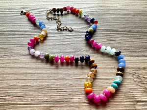 Polished Agate GemStone Necklace knotted gold statement necklace, long beaded layering jewelry, rainbow rondelle stone bead