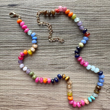 Load image into Gallery viewer, Polished Agate GemStone Necklace knotted gold statement necklace, long beaded layering jewelry, rainbow rondelle stone bead