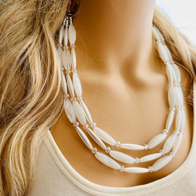White 3 Strand Necklace, white Chunky jewelry, Statement Necklace, white jewelry, beaded crystal wedding bridesmaid tube jewelry