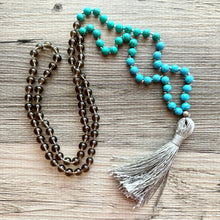 Load image into Gallery viewer, Shades of Blue Long Statement Necklace, long tassel silver necklace, beaded long necklace, smoke gray turquoise royal aqua