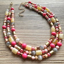 Load image into Gallery viewer, Blush Pink and Neutrals Necklace, Pink Jewelry, chunky beaded statement necklace, gray gold RoseGold hot pink magenta beaded