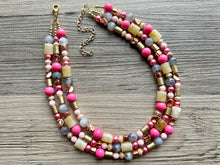 Load image into Gallery viewer, Blush Pink and Neutrals Necklace, Pink Jewelry, chunky beaded statement necklace, gray gold RoseGold hot pink magenta beaded