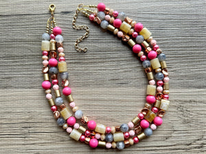 Blush Pink and Neutrals Necklace, Pink Jewelry, chunky beaded statement necklace, gray gold RoseGold hot pink magenta beaded