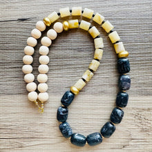 Load image into Gallery viewer, Gold + Black Beaded long necklace, neutral beaded statement necklace, everyday gem stone chunky layering necklace shiny ball beads