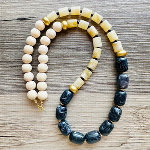 Gold + Black Beaded long necklace, neutral beaded statement necklace, everyday gem stone chunky layering necklace shiny ball beads