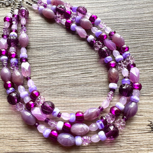 Purple Ombré statement necklace, chunky bib necklace, beaded jewelry lavender necklace, three strand deep purple jewelry eggplant