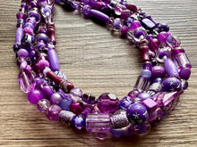 Load image into Gallery viewer, Girls Trip Necklace, Beaded 5 Layer Necklace, bead statement necklace, lavender purple royal eggplant beaded bib chunky