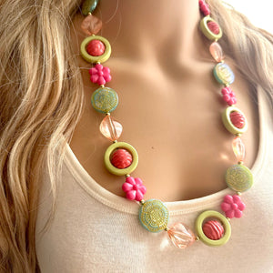 Mountain Trail Spring Chunky Statement Long Necklace, blush pink coral green beaded, colorful jewelry multi strand, bib collar flower