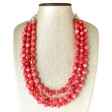 Load image into Gallery viewer, Coral Summer Sunrise Big Bead Necklace, 3 Strand Statement Jewelry, Chunky bib bridesmaid or everyday jewelry pink red tangerine