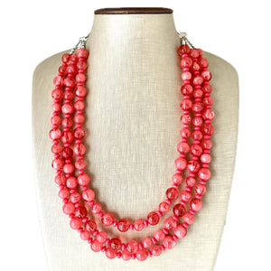 Coral Summer Sunrise Big Bead Necklace, 3 Strand Statement Jewelry, Chunky bib bridesmaid or everyday jewelry pink red tangerine