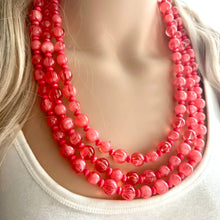 Load image into Gallery viewer, Coral Summer Sunrise Big Bead Necklace, 3 Strand Statement Jewelry, Chunky bib bridesmaid or everyday jewelry pink red tangerine