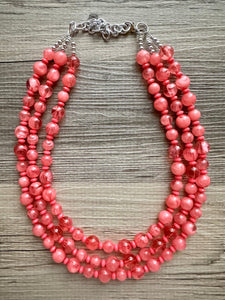 Coral Summer Sunrise Big Bead Necklace, 3 Strand Statement Jewelry, Chunky bib bridesmaid or everyday jewelry pink red tangerine