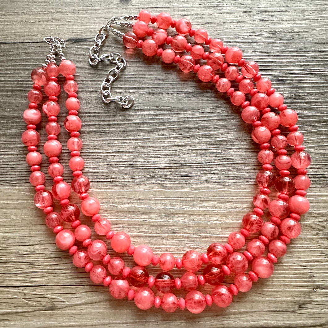 Coral Summer Sunrise Big Bead Necklace, 3 Strand Statement Jewelry, Chunky bib bridesmaid or everyday jewelry pink red tangerine