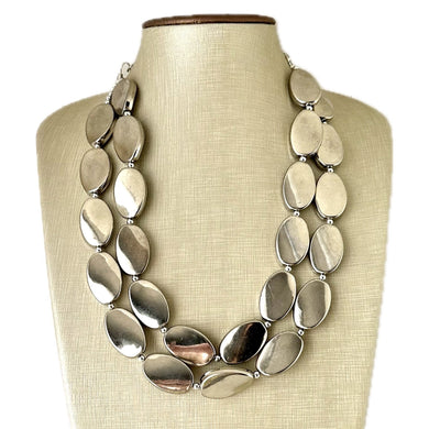 Mirror Silver 2 strand jewelry, bib beaded chunky statement necklace, bridesmaid metallic silver geometric gray oval earrings set