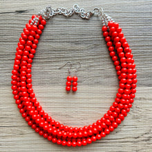 Load image into Gallery viewer, Strawberry Red 5 Strand statement necklace, cherry red big beaded chunky jewelry, fall statement ball beaded bubble earrings Christmas