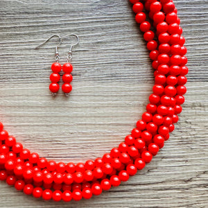 Strawberry Red 5 Strand statement necklace, cherry red big beaded chunky jewelry, fall statement ball beaded bubble earrings Christmas