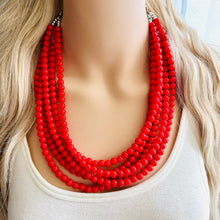 Load image into Gallery viewer, Strawberry Red 5 Strand statement necklace, cherry red big beaded chunky jewelry, fall statement ball beaded bubble earrings Christmas