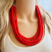 Load image into Gallery viewer, Strawberry Red 5 Strand statement necklace, cherry red big beaded chunky jewelry, fall statement ball beaded bubble earrings Christmas