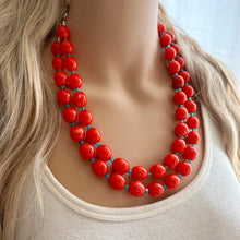 Load image into Gallery viewer, Bright Red-Orange Chain necklace, stunning sparkle shimmer statement bib necklace, 2 strand necklace electric geometric blue