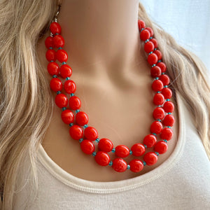 Bright Red-Orange Chain necklace, stunning sparkle shimmer statement bib necklace, 2 strand necklace electric geometric blue