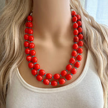 Load image into Gallery viewer, Bright Red-Orange Chain necklace, stunning sparkle shimmer statement bib necklace, 2 strand necklace electric geometric blue