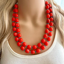 Load image into Gallery viewer, Bright Red-Orange Chain necklace, stunning sparkle shimmer statement bib necklace, 2 strand necklace electric geometric blue