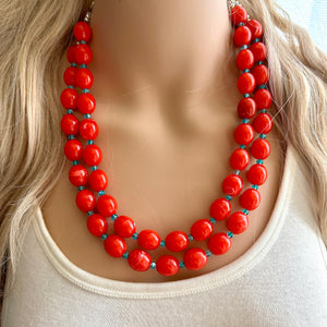 Bright Red-Orange Chain necklace, stunning sparkle shimmer statement bib necklace, 2 strand necklace electric geometric blue