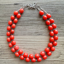 Load image into Gallery viewer, Bright Red-Orange Chain necklace, stunning sparkle shimmer statement bib necklace, 2 strand necklace electric geometric blue