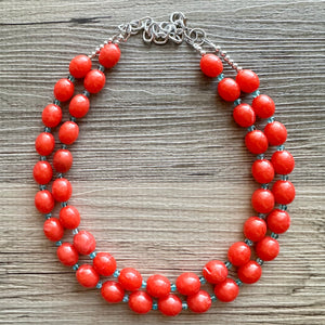 Bright Red-Orange Chain necklace, stunning sparkle shimmer statement bib necklace, 2 strand necklace electric geometric blue