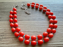 Load image into Gallery viewer, Bright Red-Orange Chain necklace, stunning sparkle shimmer statement bib necklace, 2 strand necklace electric geometric blue