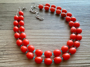 Bright Red-Orange Chain necklace, stunning sparkle shimmer statement bib necklace, 2 strand necklace electric geometric blue
