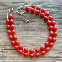 Load image into Gallery viewer, Bright Red-Orange Chain necklace, stunning sparkle shimmer statement bib necklace, 2 strand necklace electric geometric blue
