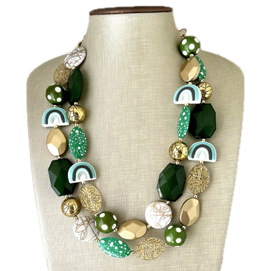 St. Patrick’s Day Gold & Green Statement Necklace, 2 strand forest, dark green Jewelry, glass beaded jewelry, multi strand green necklace