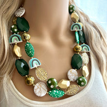 Load image into Gallery viewer, St. Patrick’s Day Gold &amp; Green Statement Necklace, 2 strand forest, dark green Jewelry, glass beaded jewelry, multi strand green necklace