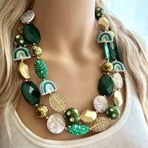 St. Patrick’s Day Gold & Green Statement Necklace, 2 strand forest, dark green Jewelry, glass beaded jewelry, multi strand green necklace