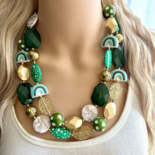 Load image into Gallery viewer, St. Patrick’s Day Gold &amp; Green Statement Necklace, 2 strand forest, dark green Jewelry, glass beaded jewelry, multi strand green necklace