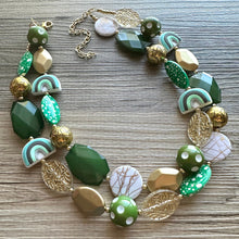 Load image into Gallery viewer, St. Patrick’s Day Gold &amp; Green Statement Necklace, 2 strand forest, dark green Jewelry, glass beaded jewelry, multi strand green necklace