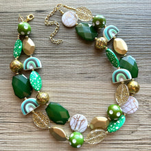 Load image into Gallery viewer, St. Patrick’s Day Gold &amp; Green Statement Necklace, 2 strand forest, dark green Jewelry, glass beaded jewelry, multi strand green necklace