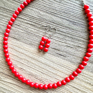 Strawberry Red Beaded statement necklace, thin bead red jewelry, red earrings jewelry set cherry bridesmaid wedding jewelry gifts for her