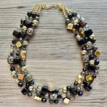 Load image into Gallery viewer, Black &amp; Gold Necklace OOAK multi strand jewelry, bib beaded chunky statement necklace, bridesmaid metallic resin gray glitter neutral