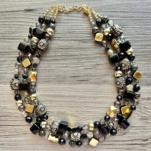Black & Gold Necklace OOAK multi strand jewelry, bib beaded chunky statement necklace, bridesmaid metallic resin gray glitter neutral