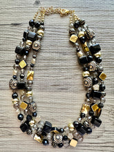 Load image into Gallery viewer, Black &amp; Gold Necklace OOAK multi strand jewelry, bib beaded chunky statement necklace, bridesmaid metallic resin gray glitter neutral