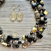 Load image into Gallery viewer, Black &amp; Gold Necklace OOAK multi strand jewelry, bib beaded chunky statement necklace, bridesmaid metallic resin gray glitter neutral